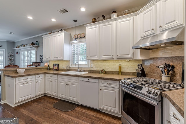 kitchen with dishwasher, stainless steel gas range, under cabinet range hood, white cabinetry, and a sink