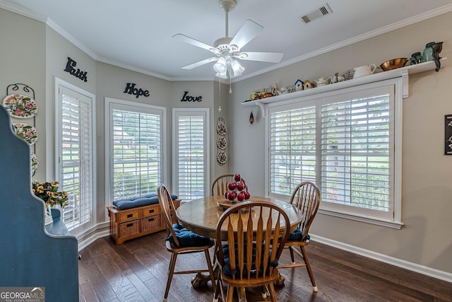 dining room with ornamental molding, plenty of natural light, visible vents, and dark wood finished floors