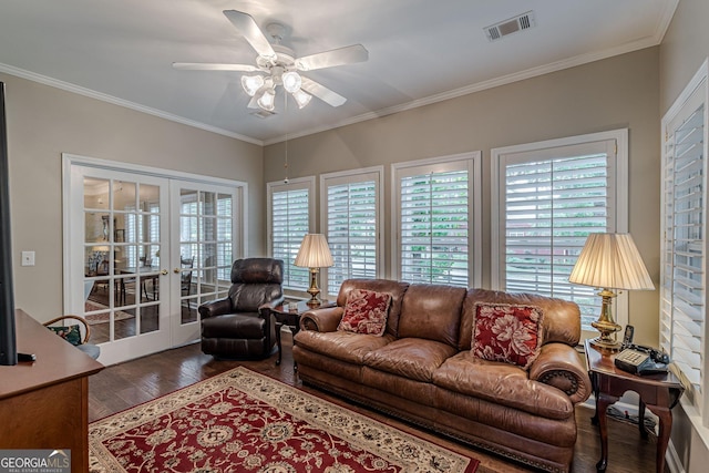 living area featuring ornamental molding, french doors, hardwood / wood-style flooring, and visible vents