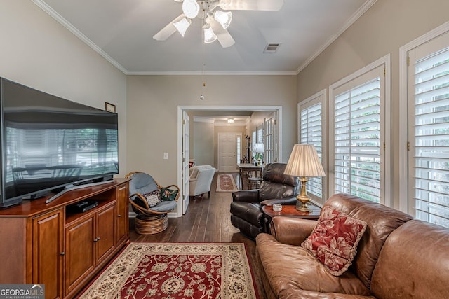 living room with a ceiling fan, visible vents, ornamental molding, and dark wood-style flooring