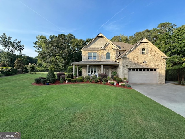 view of front of home with driveway, stone siding, a garage, and a front lawn