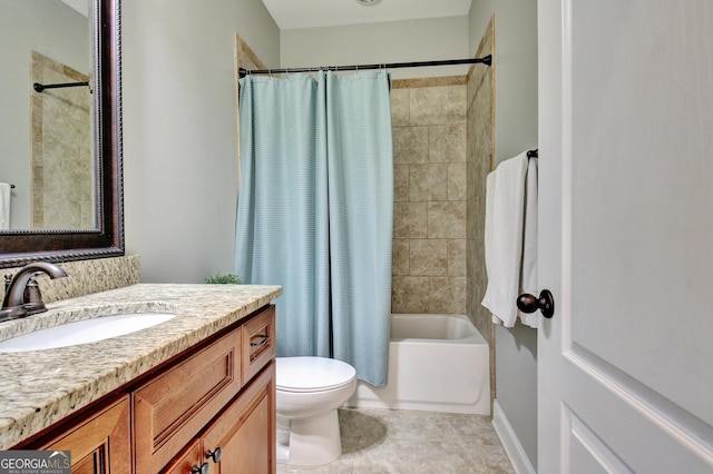 full bathroom featuring toilet, tile patterned flooring, shower / bath combo, and vanity