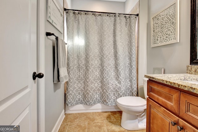 full bathroom featuring toilet, tile patterned floors, shower / bath combination with curtain, and vanity