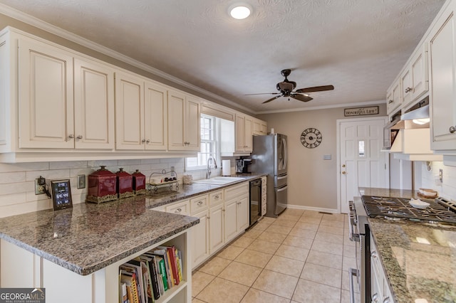 kitchen with crown molding, light tile patterned floors, stainless steel appliances, tasteful backsplash, and a sink