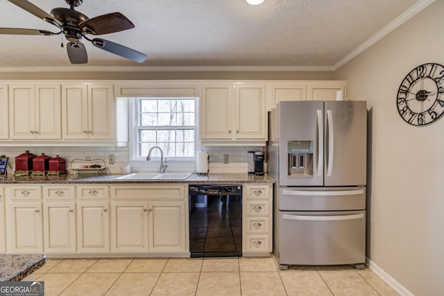 kitchen featuring a sink, ornamental molding, decorative backsplash, dishwasher, and stainless steel fridge