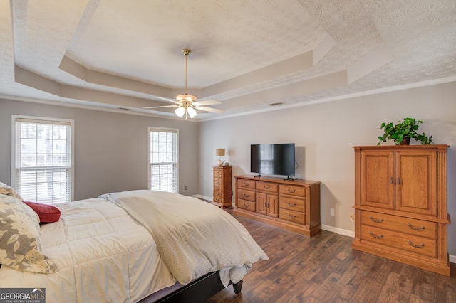 bedroom featuring a textured ceiling, multiple windows, a raised ceiling, and dark wood finished floors