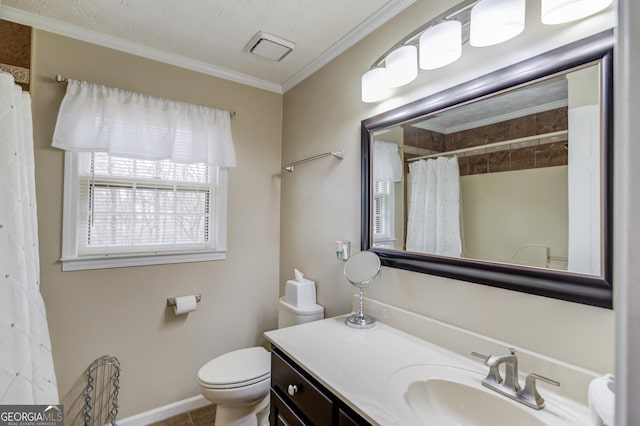 full bath with a shower with shower curtain, vanity, toilet, and crown molding