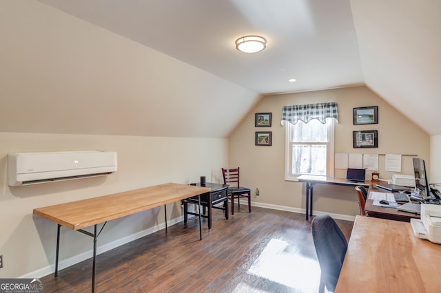 office area with lofted ceiling, dark wood-style flooring, a wall mounted air conditioner, and baseboards