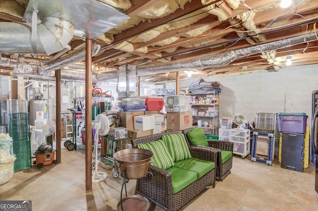 unfinished basement featuring water heater