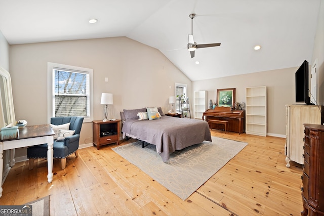 bedroom with light wood finished floors, baseboards, ceiling fan, vaulted ceiling, and recessed lighting