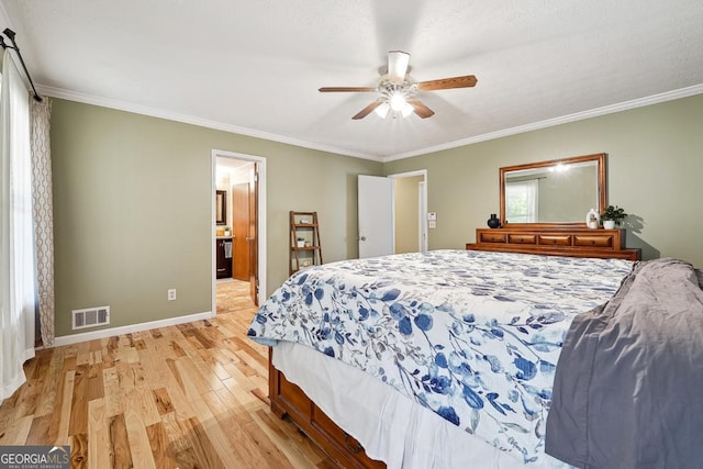 bedroom with crown molding, visible vents, a ceiling fan, light wood-type flooring, and baseboards