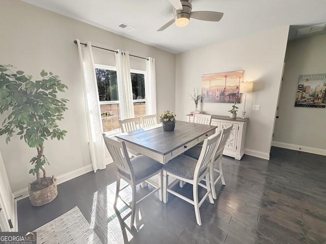 dining space with ceiling fan, visible vents, baseboards, and dark wood-style floors