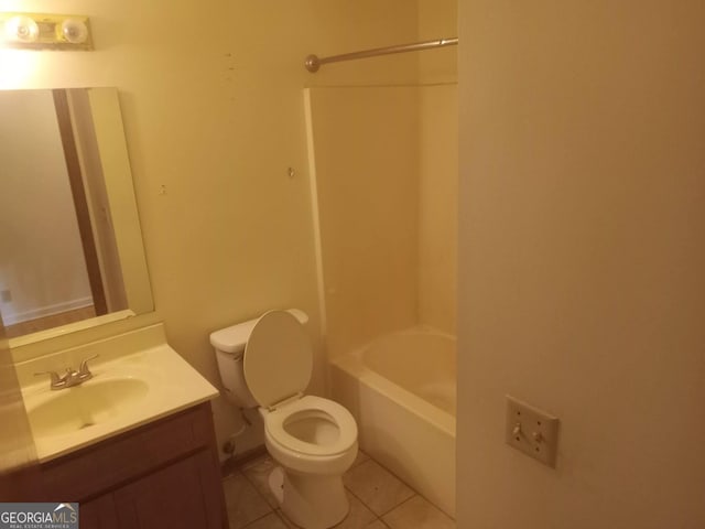 bathroom with toilet, tub / shower combination, tile patterned flooring, and vanity