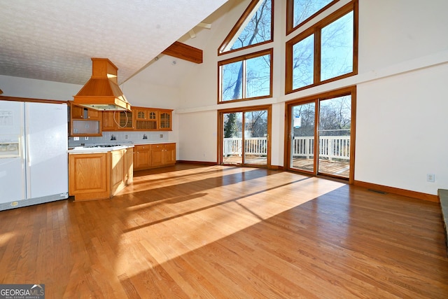 kitchen with light countertops, white appliances, island exhaust hood, and light wood-style floors