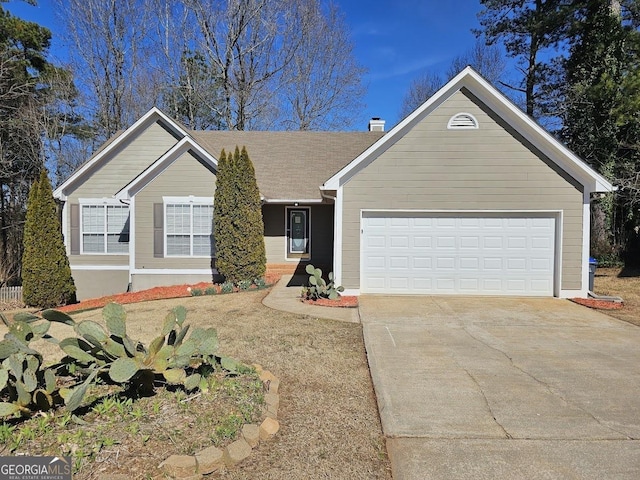 single story home with concrete driveway, a chimney, an attached garage, and roof with shingles