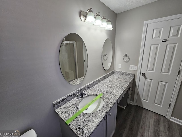 bathroom with vanity, a textured ceiling, and wood finished floors