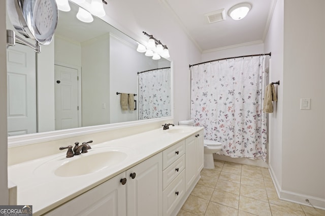 full bath featuring tile patterned flooring, a sink, and crown molding