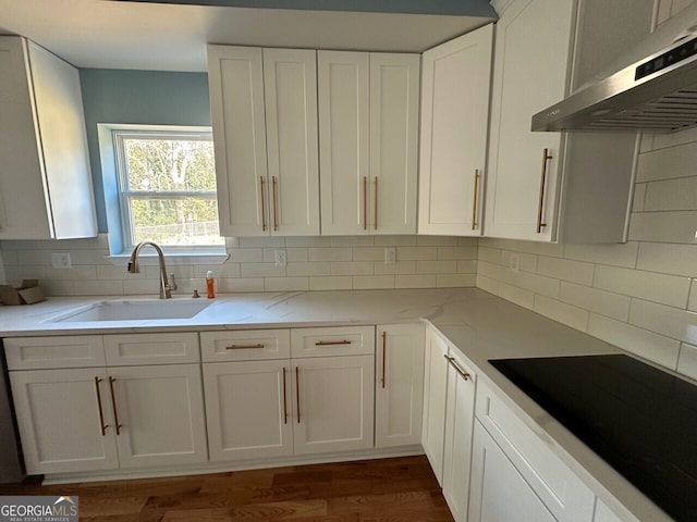 kitchen featuring decorative backsplash, light stone counters, extractor fan, white cabinetry, and a sink