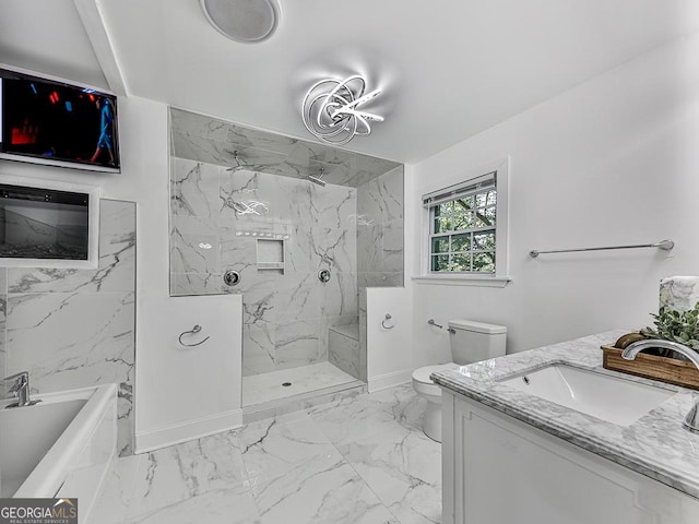 bathroom featuring toilet, a washtub, vanity, marble finish floor, and a marble finish shower