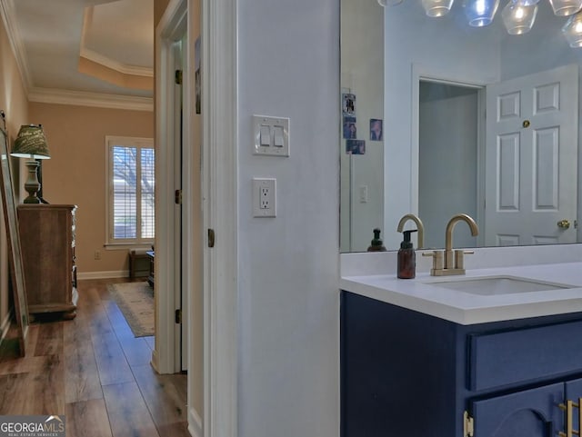 bathroom with a raised ceiling, ornamental molding, vanity, wood finished floors, and baseboards