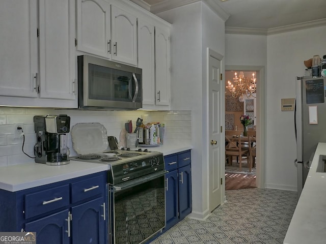 kitchen with appliances with stainless steel finishes, light countertops, and white cabinets