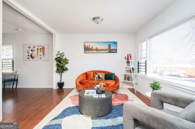 living area featuring dark wood-style floors and baseboards