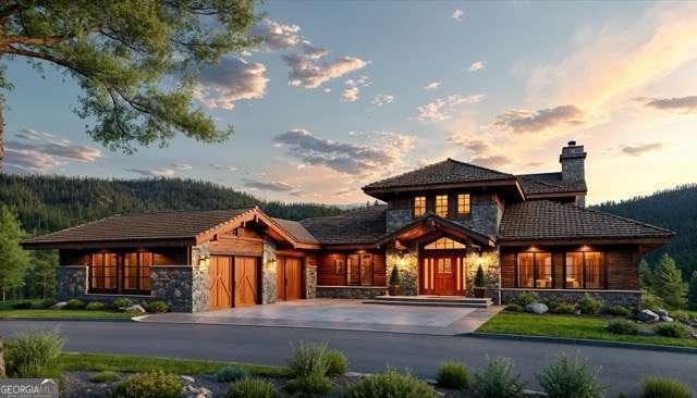 view of front of house featuring an attached garage, stone siding, driveway, and a chimney