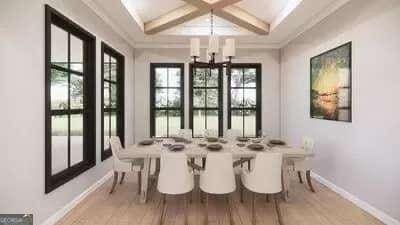 dining space featuring coffered ceiling, wood finished floors, baseboards, beam ceiling, and an inviting chandelier