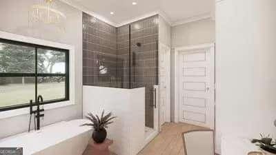 full bathroom with a soaking tub, a walk in shower, and recessed lighting