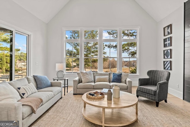 living area featuring baseboards, plenty of natural light, high vaulted ceiling, and wood finished floors