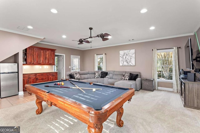 recreation room featuring light carpet, pool table, and recessed lighting