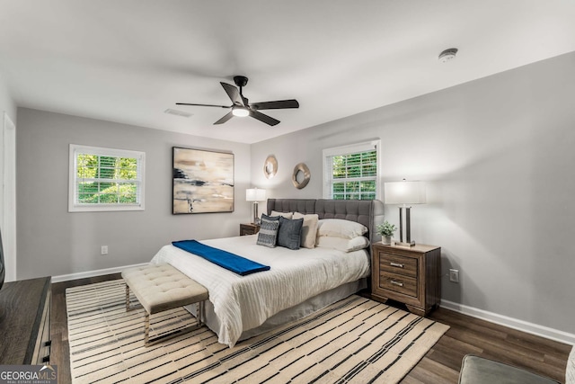 bedroom featuring multiple windows, wood finished floors, and baseboards