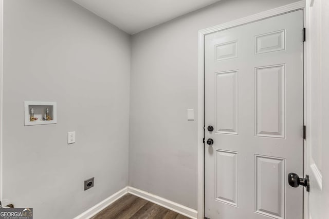 laundry room featuring laundry area, washer hookup, baseboards, dark wood finished floors, and electric dryer hookup