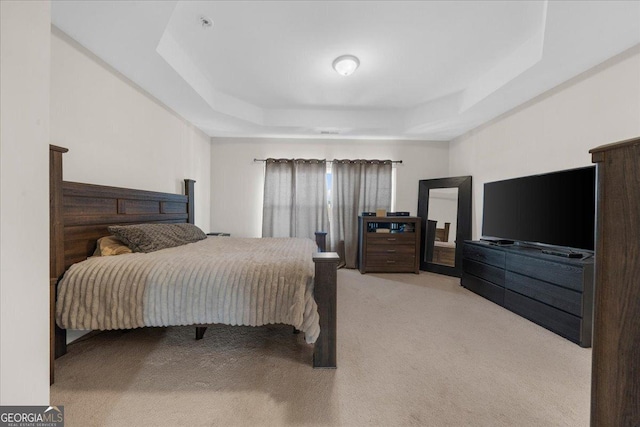 bedroom featuring light colored carpet and a raised ceiling