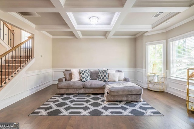 living room with dark wood-style floors, beam ceiling, stairway, and visible vents