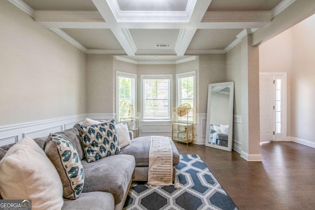 living room with beam ceiling, visible vents, dark wood-type flooring, and wainscoting