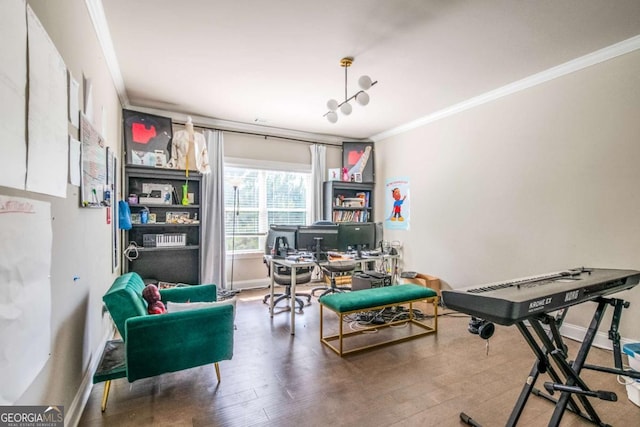 home office featuring ornamental molding, wood finished floors, and baseboards