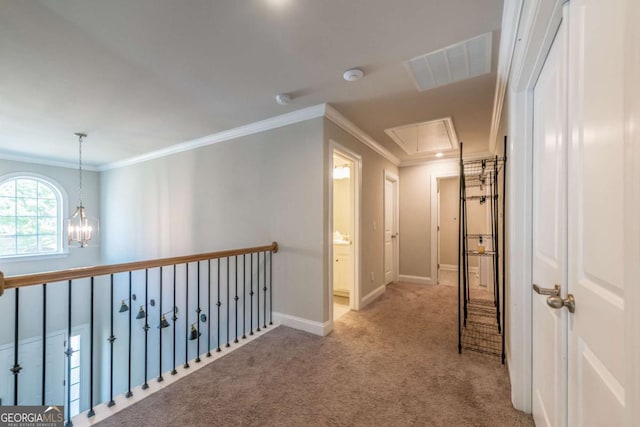 hall featuring visible vents, ornamental molding, light carpet, and attic access