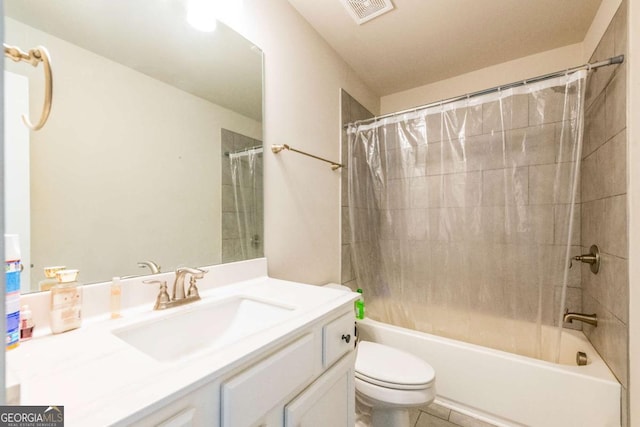 bathroom with shower / bath combination with curtain, visible vents, toilet, vanity, and tile patterned floors