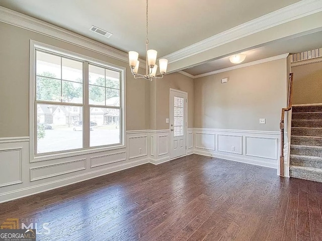 unfurnished dining area with stairs, dark wood-type flooring, visible vents, and an inviting chandelier