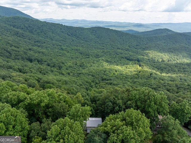 drone / aerial view with a mountain view and a view of trees