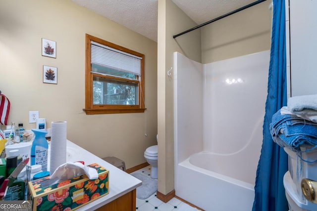 bathroom with shower / tub combo with curtain, toilet, a textured ceiling, vanity, and tile patterned floors