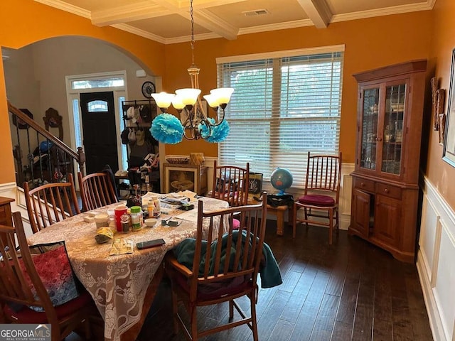 dining room with dark wood-type flooring, coffered ceiling, visible vents, beam ceiling, and an inviting chandelier