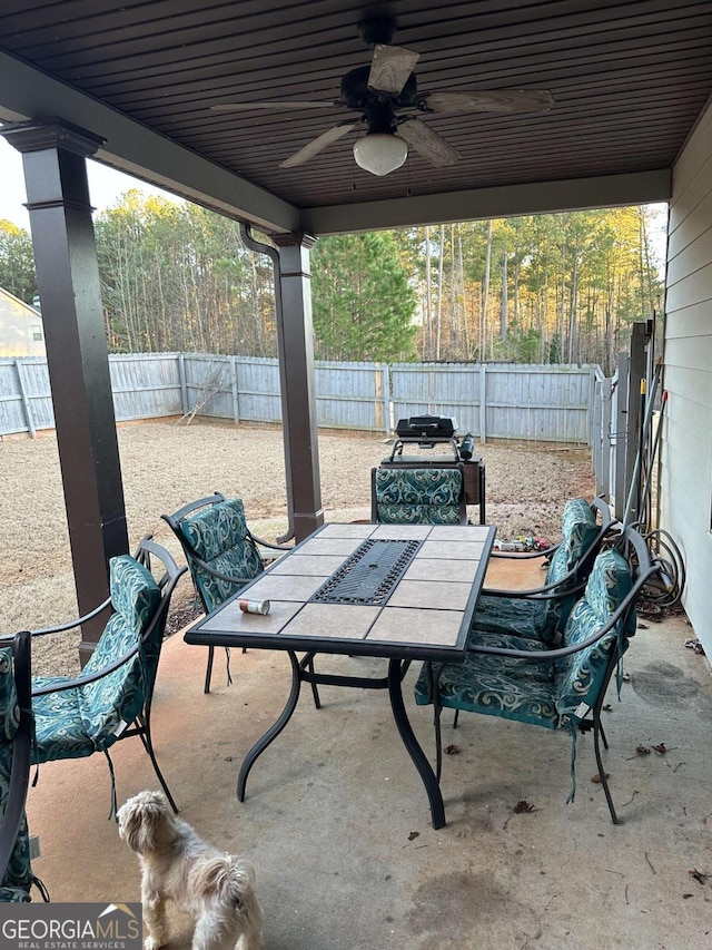 view of patio / terrace featuring ceiling fan, a fenced backyard, and outdoor dining area