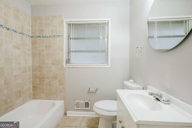 bathroom with visible vents, baseboards, toilet, tile patterned flooring, and vanity