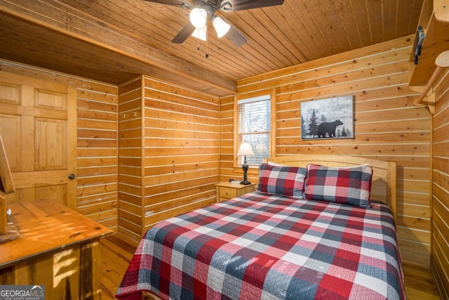 bedroom featuring a ceiling fan, wood ceiling, and wooden walls