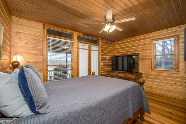 bedroom with wooden ceiling, ceiling fan, and wooden walls