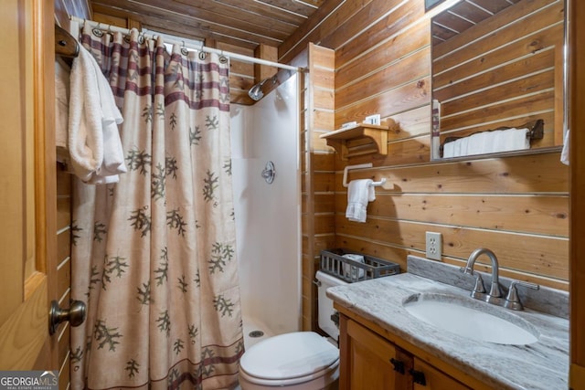 bathroom featuring a stall shower, wood ceiling, wooden walls, and toilet