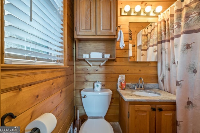 bathroom featuring toilet, wood walls, and vanity