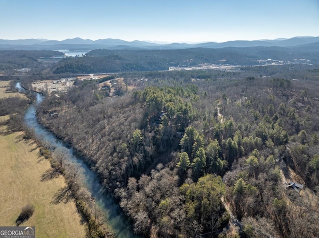 aerial view featuring a mountain view and a wooded view